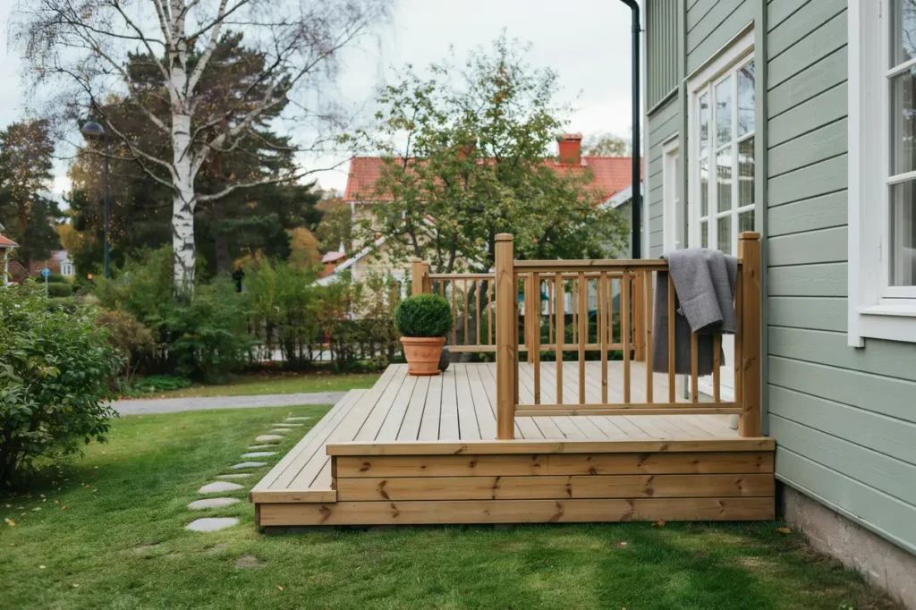 altanbygge med r cke och trappa vid villa i alby